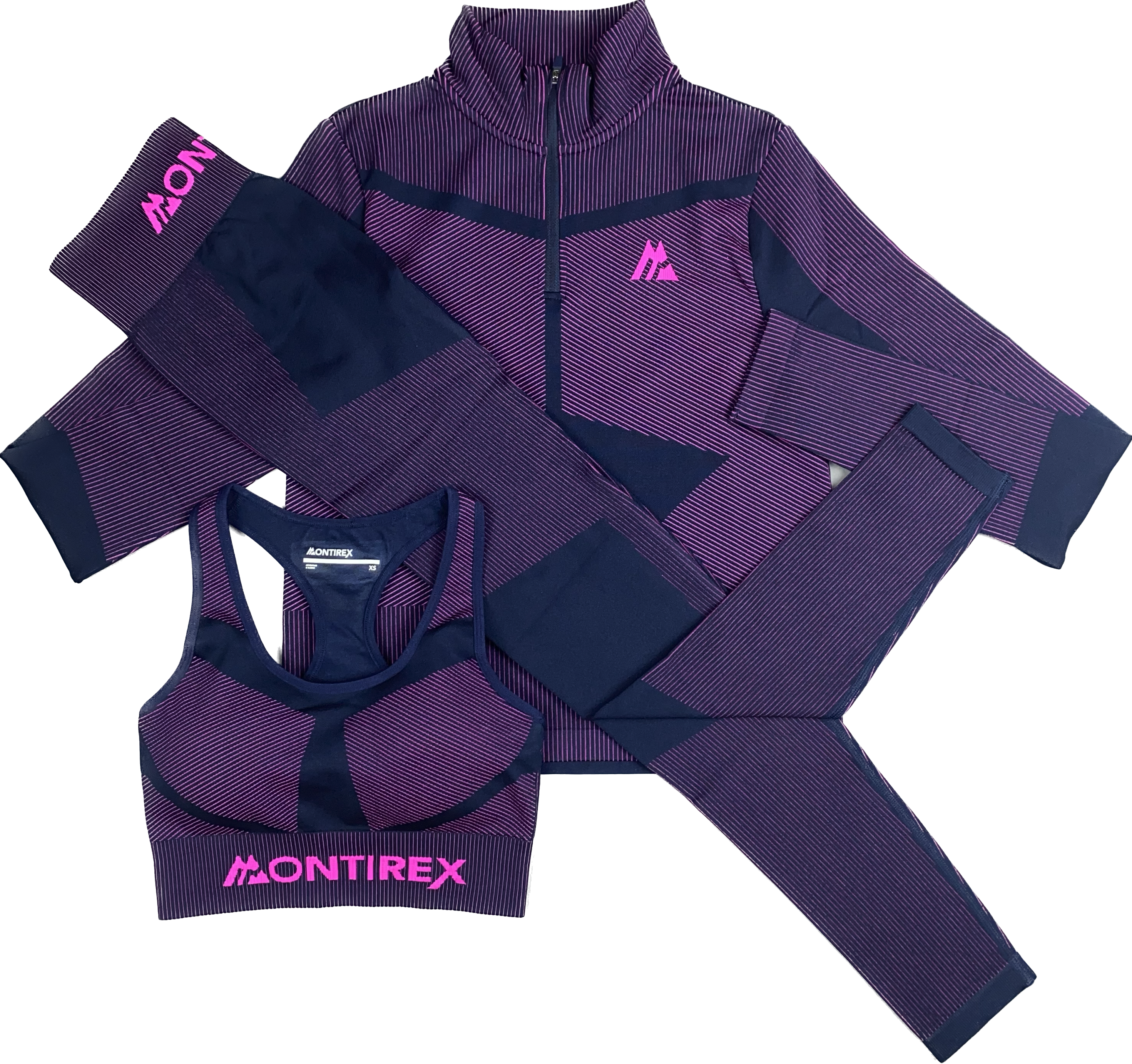 MONTIREX WOMEN’S ENERGY 2.0 HALF ZIP SPORTS BRA LEGGINGS TRIO SET - MIDNIGHT BLUE/NEON PINK