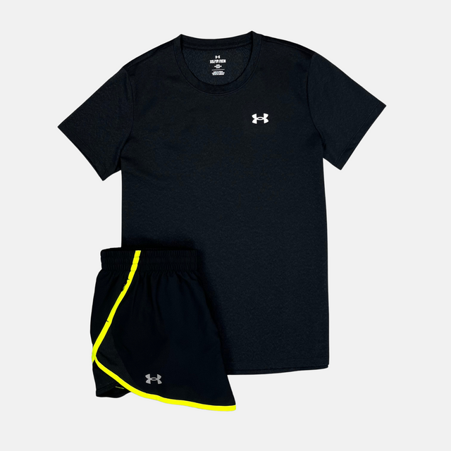 Under Armour Women's Tech Tshirt / Shorts Set - Black/Neon