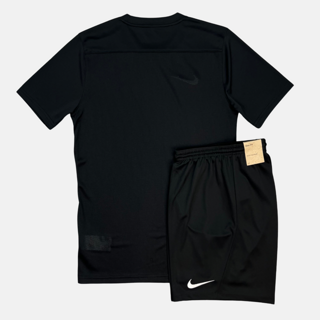 Black t-shirt and black shorts with Nike logos on a white background