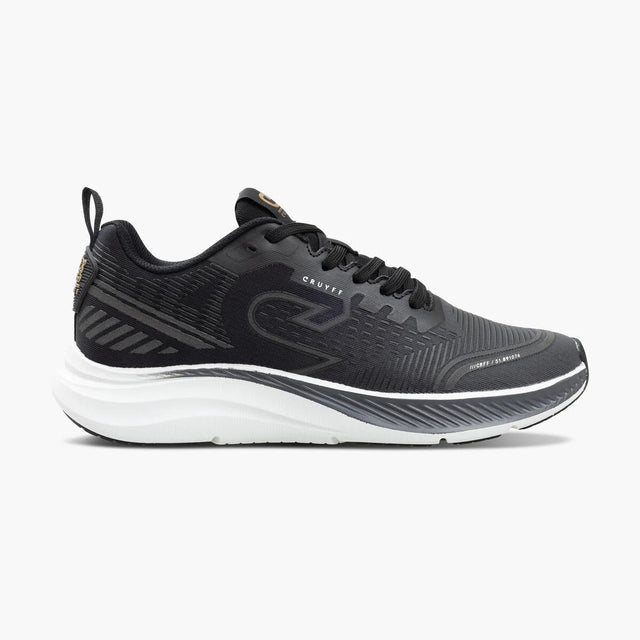 Black Cruyff sneaker with white stripes on a white background
