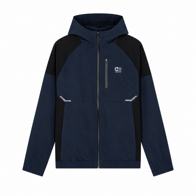 A color-blocked hooded jacket in navy blue and black, featuring a full-length front zipper, zippered chest pocket, and a small white logo on the left chest, displayed on a clean white background.