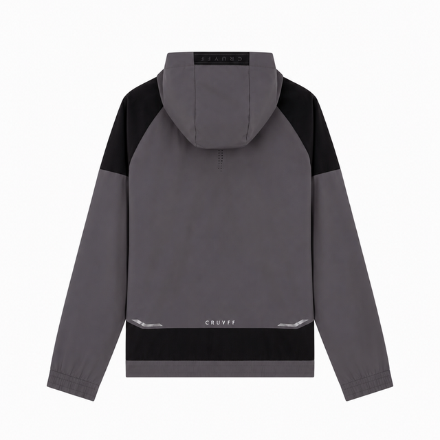 A gray and black color-blocked hooded jacket shown from the back, featuring a small white 'Cruyff' logo near the bottom hem, displayed on a clean white background.