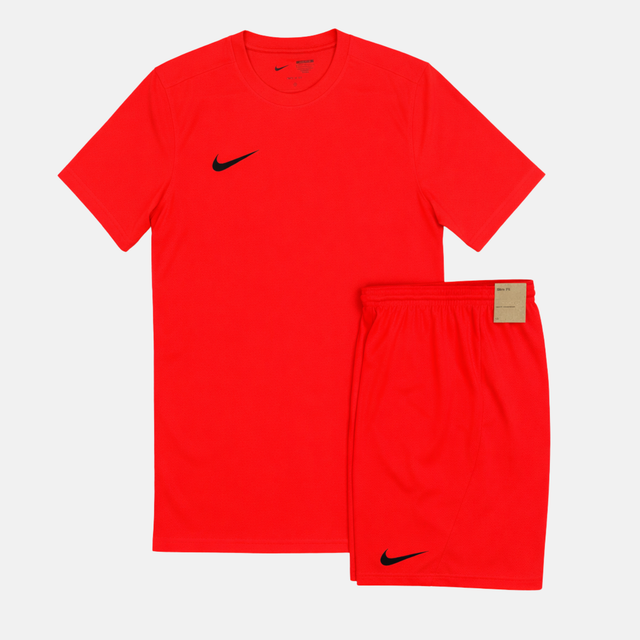 Red Nike athletic shirt and shorts set on a white background