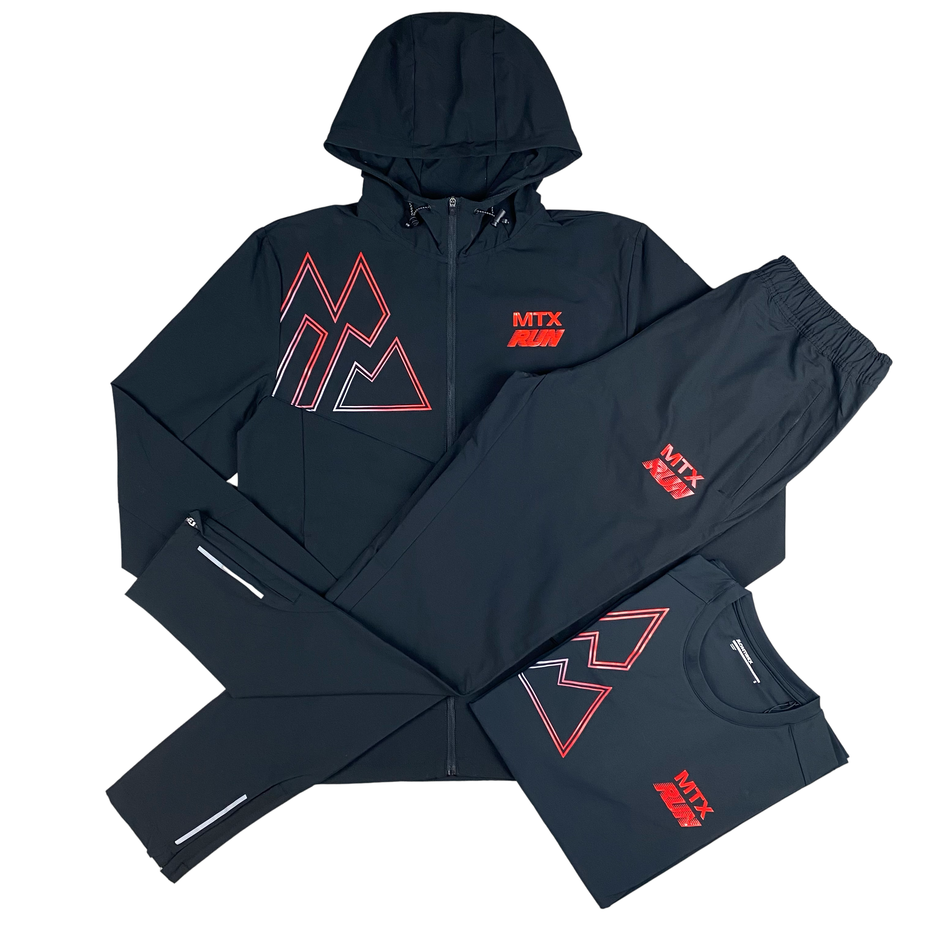 MTX Run Iridescent Windbreaker / TShirt / Pants Tracksuit set - Black/Cardinal Red