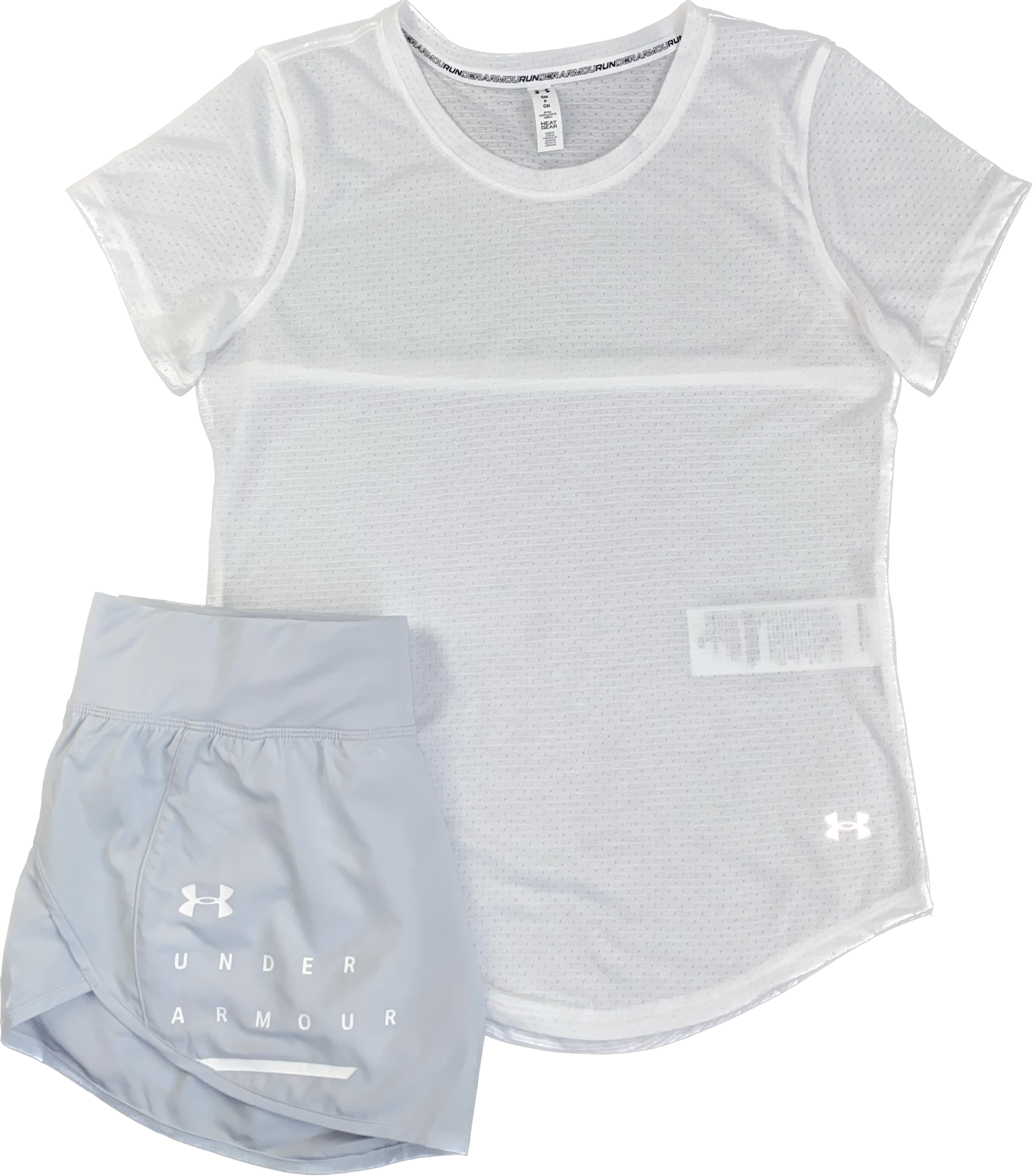 UNDER ARMOUR WOMEN'S STREAKER T SHIRT SPEEDPOCKET SHORTS SET - WHITE/HALO  GREY