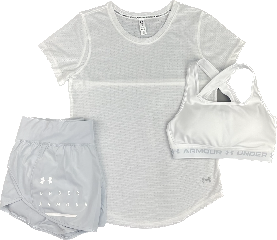 UNDER ARMOUR WOMEN'S T SHIRT BRA SHORTS TRIO SET - WHITE/HALO GREY