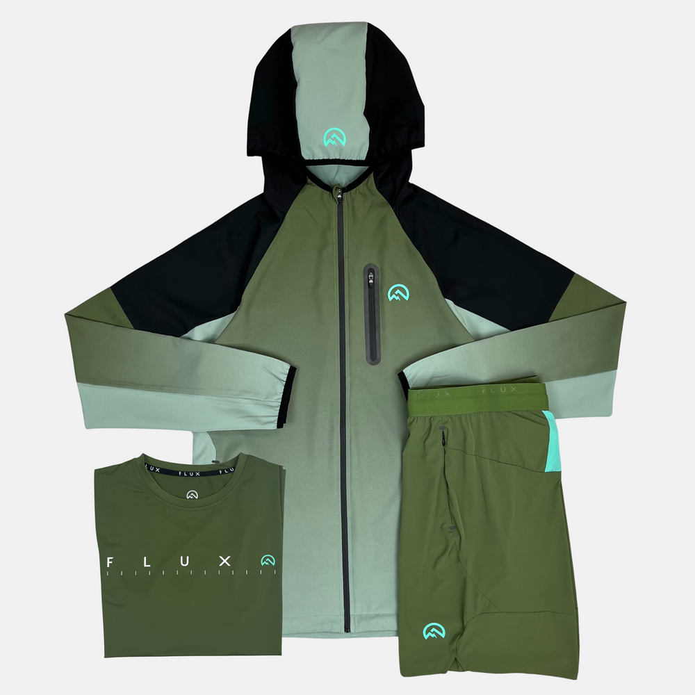 Flux Gradient Jacket / T-Shirt / Shorts Tri Set - Khaki/Alkaline