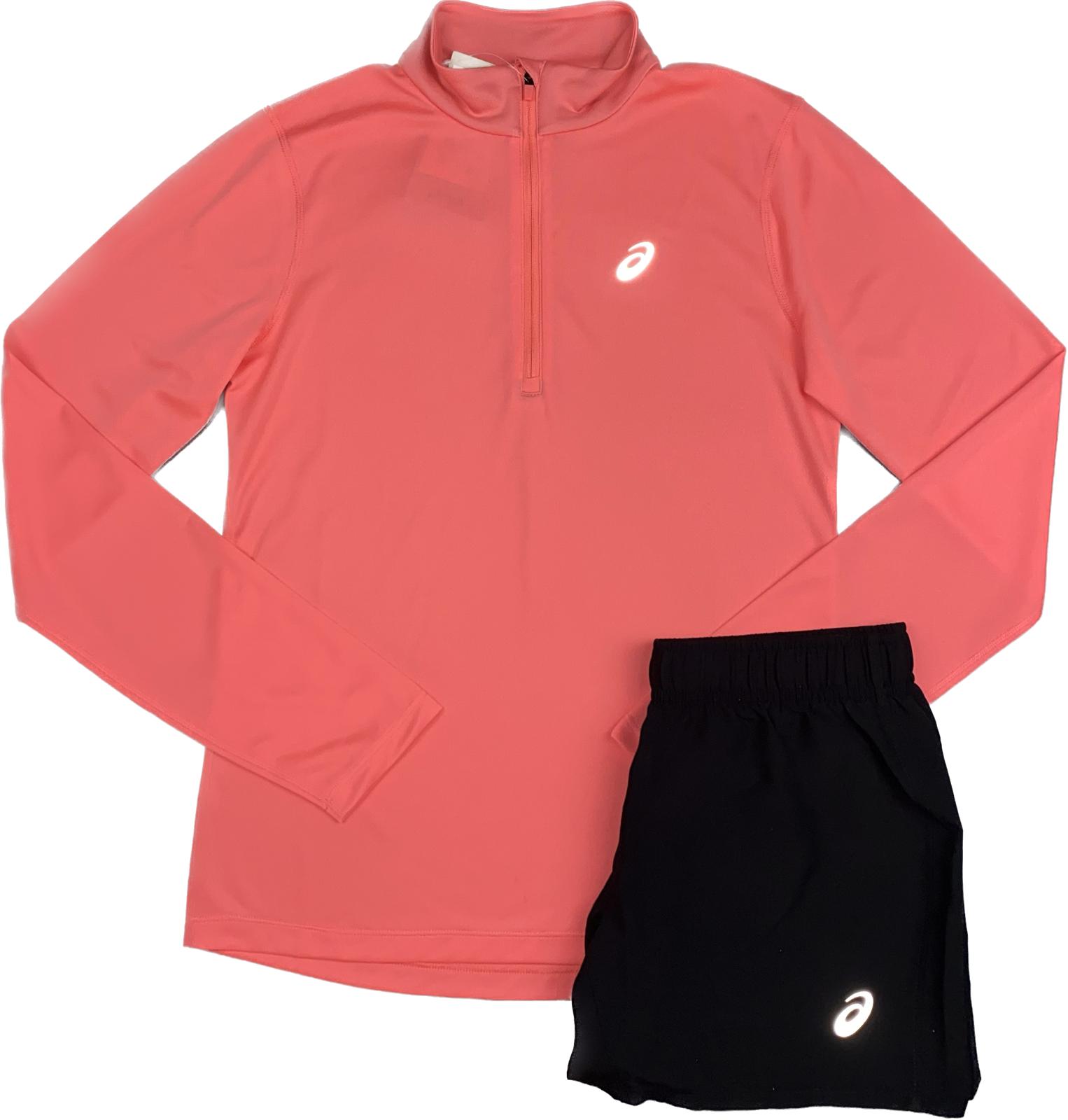 ASICS WOMEN’S CORE HALF ZIP SHORTS SET - PINK CORAL/BLACK