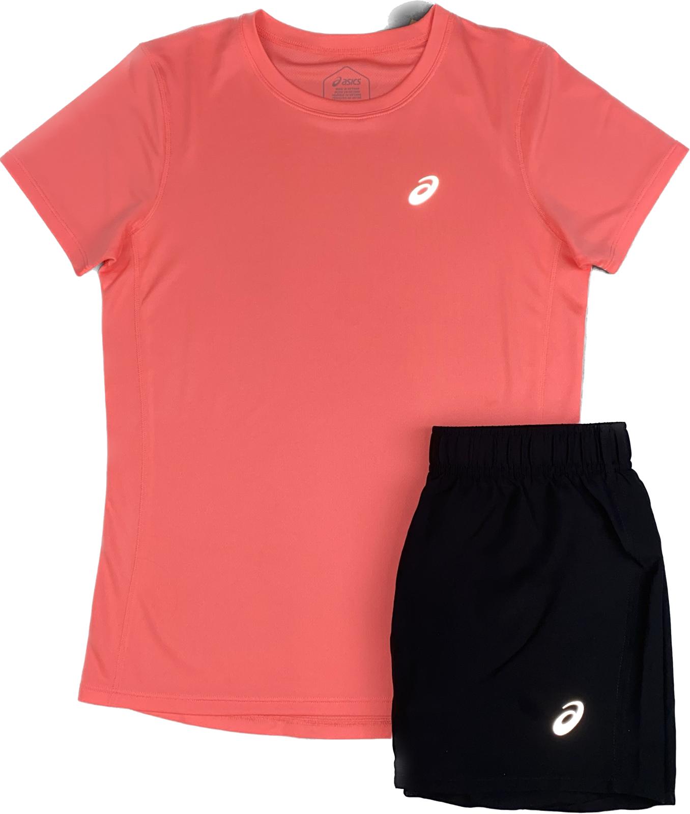 ASICS WOMEN’S CORE T SHIRT SHORTS SET - PINK CORAL/BLACK