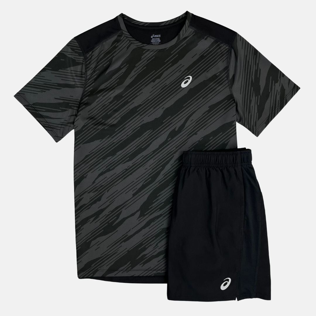 Asics Print T-Shirt / Shorts Set - Black/Grey