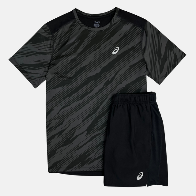 Asics Print T-Shirt / Shorts Set - Black/Grey