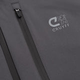 Close-up of a dark gray jacket or backpack with a vertical zip pocket and a white CRUYFF logo printed on the side.