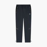 Dark navy athletic pants with zippered side pockets, a small white logo on the left thigh, and adjustable ankle cuffs, shown against a plain white background.