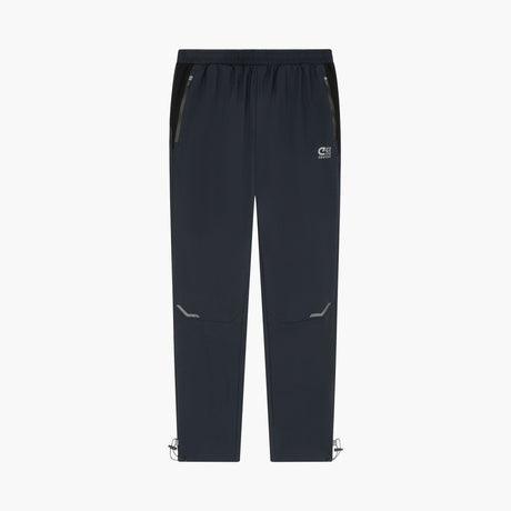 Dark navy athletic pants with zippered side pockets, a small white logo on the left thigh, and adjustable ankle cuffs, shown against a plain white background.