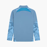 Blue long-sleeve shirt with a zipper on a white background