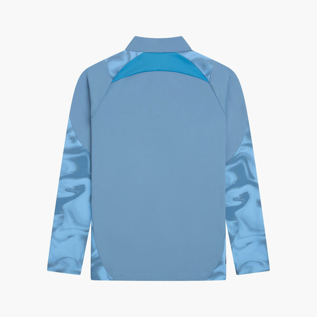 Blue long-sleeve shirt with a zipper on a white background