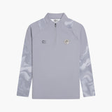 Light gray long-sleeve athletic shirt with brand logos on a white background