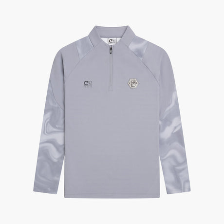 Light gray long-sleeve athletic shirt with brand logos on a white background