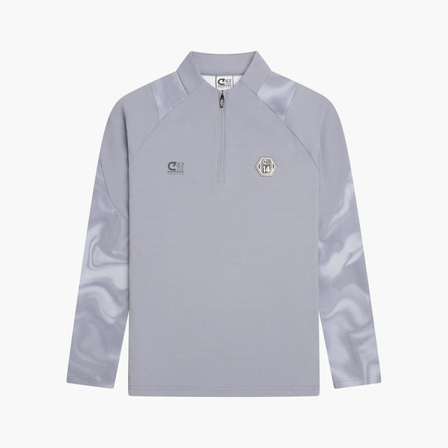 Light gray long-sleeve athletic shirt with brand logos on a white background