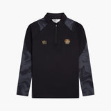 Black long-sleeve shirt with a logo on a white background