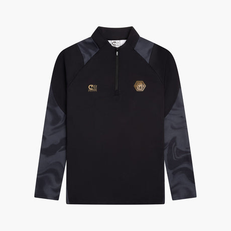 Black long-sleeve shirt with a logo on a white background