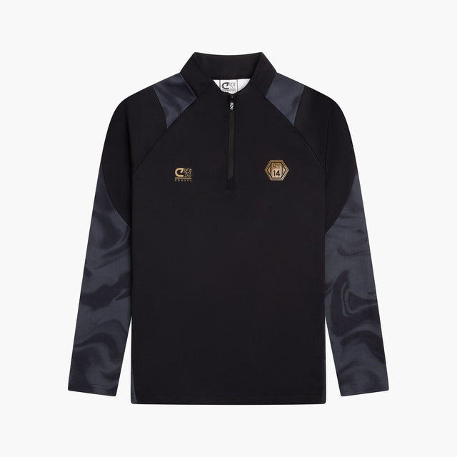 Black long-sleeve shirt with a logo on a white background