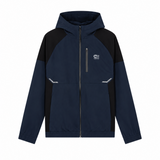 A color-blocked hooded jacket in navy blue and black, featuring a full-length front zipper, zippered chest pocket, and a small white logo on the left chest, displayed on a clean white background.