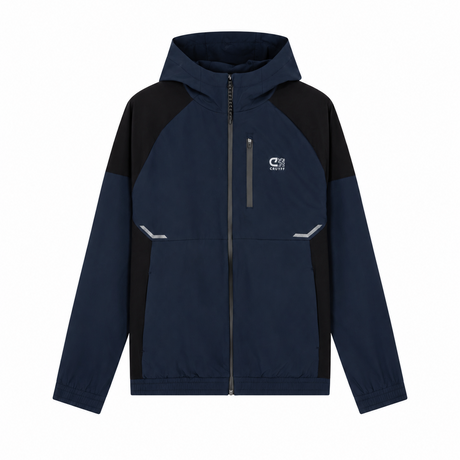 A color-blocked hooded jacket in navy blue and black, featuring a full-length front zipper, zippered chest pocket, and a small white logo on the left chest, displayed on a clean white background.