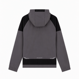 A gray and black color-blocked hooded jacket shown from the back, featuring a small white 'Cruyff' logo near the bottom hem, displayed on a clean white background.