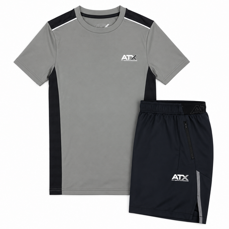 A two-piece athletic uniform set consisting of a gray short-sleeve t-shirt with black side panels and a black athletic shorts with a gray side stripe, both featuring a white 'ATX' logo. The set is displayed on a clean white background.