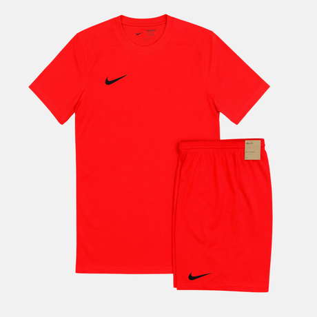 Red Nike athletic shirt and shorts set on a white background