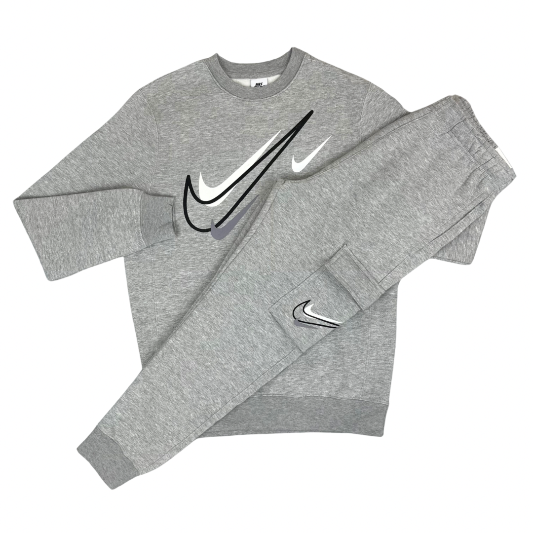 Nike Multi Swoosh Graphic Crew Tracksuit Grey White S