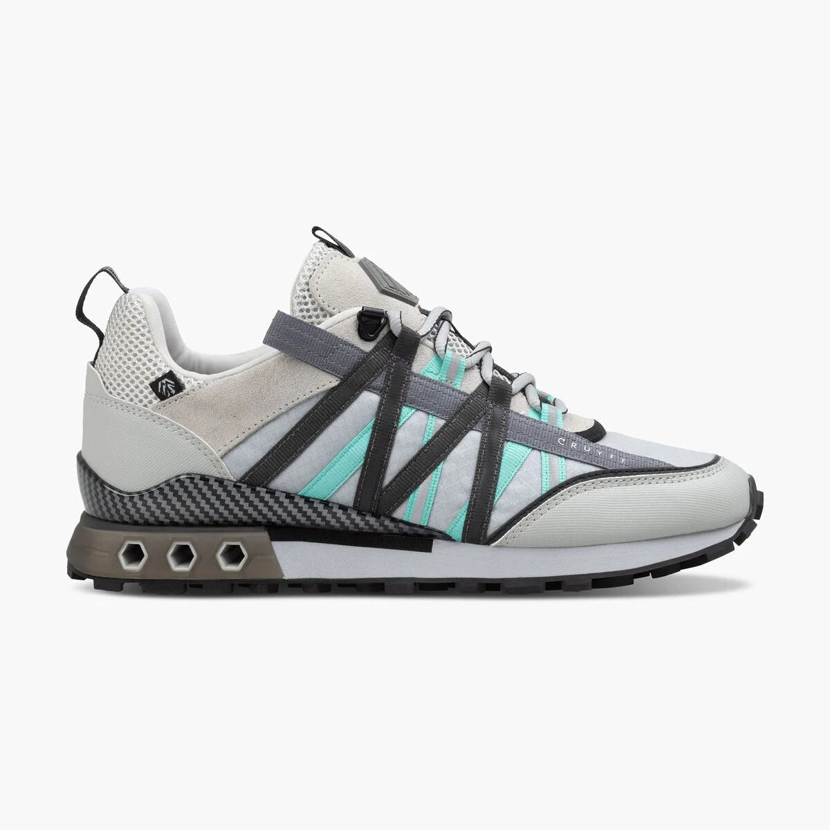 Gray and white sneaker with teal accents on a white background