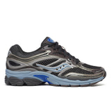 Black and gray running shoe with blue accents on a white background