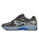 Black and gray running shoe with blue sole on a white background