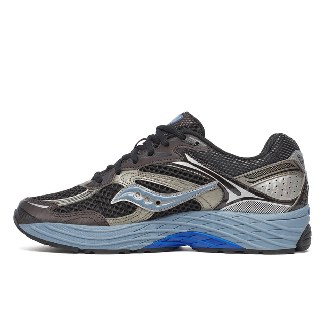 Black and gray running shoe with blue sole on a white background
