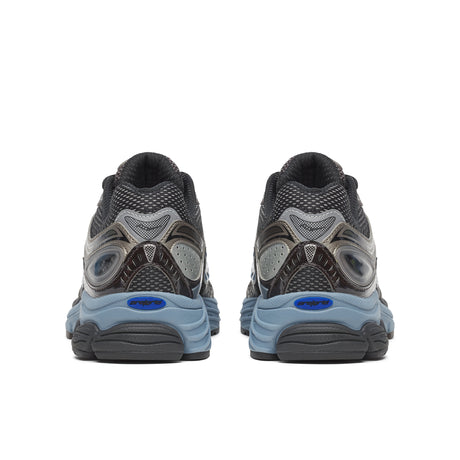 Pair of black and gray sneakers with blue accents on a white background