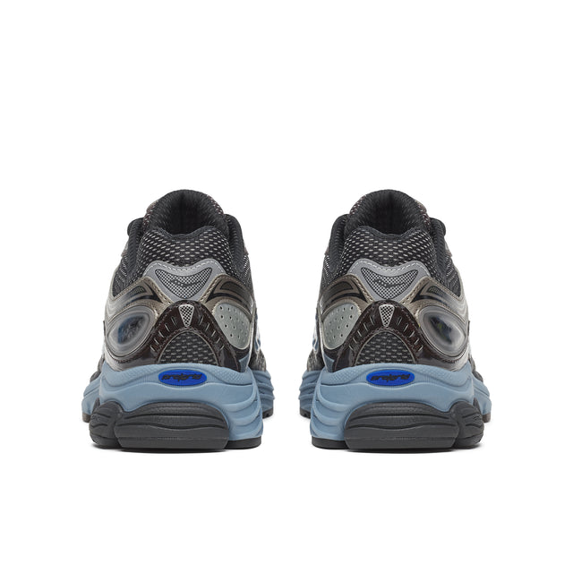 Pair of black and gray sneakers with blue accents on a white background