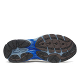 Close-up of a shoe sole with blue and brown tread pattern on a white background