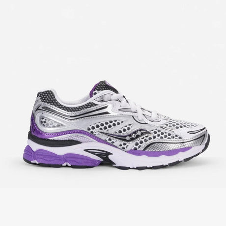 A Saucony athletic sneaker in metallic silver with purple and black accents, shown from a side profile against a light gray background.