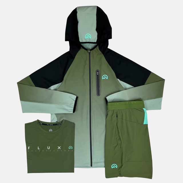 Flux Gradient Jacket / T-Shirt / Shorts Tri Set - Khaki/Alkaline