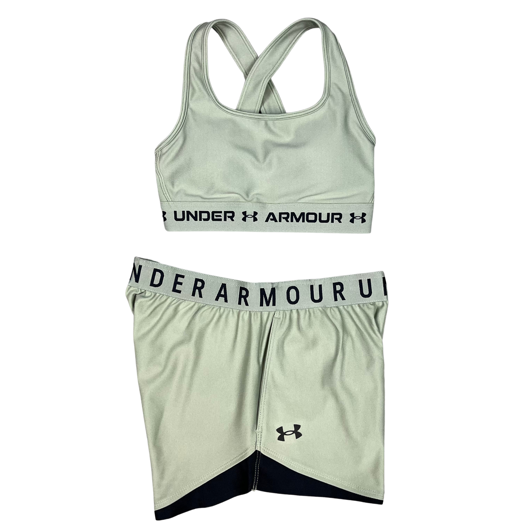 UNDER ARMOUR WOMEN'S CROSSBACK SPORTS BRA PLAY UP SHORTS SET - OLIVE AURA
