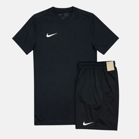 Black t-shirt and black shorts with Nike logos on a white background