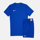 Blue Nike t-shirt and shorts set on a white background