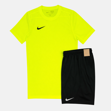 Yellow t-shirt and black shorts with Nike logos on a white background