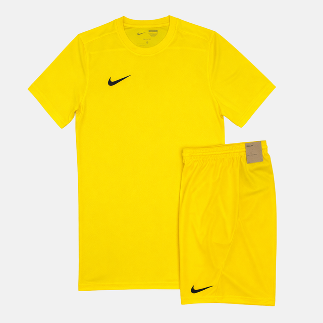 Yellow t-shirt and Yellow shorts with Nike logos on a white background