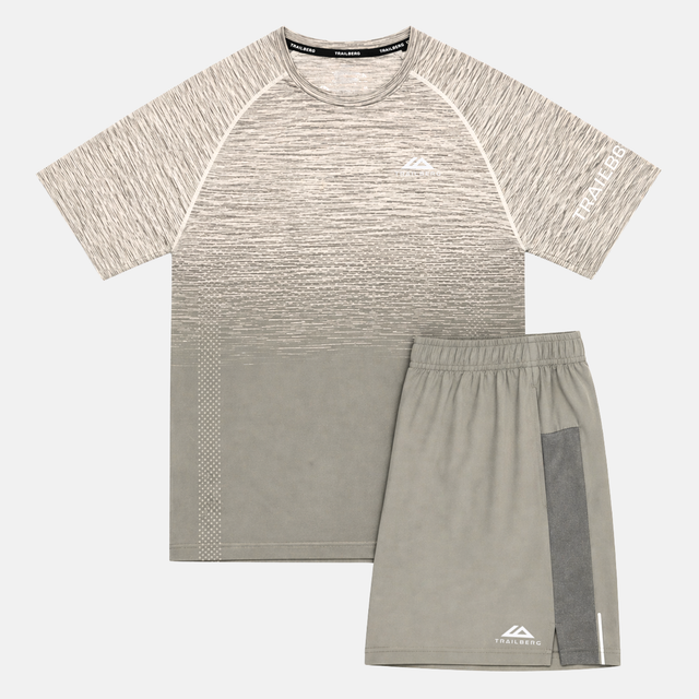 Gray athletic Trailberg tshirt and shorts set on a white background